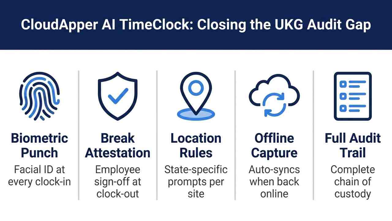 CloudApper AI TimeClock biometric attestation workflow at terminal for audit compliance