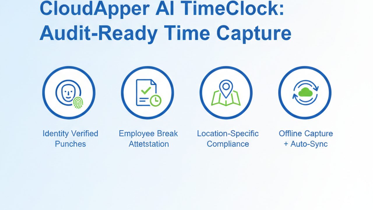 CloudApper AI TimeClock biometric attestation workflow at terminal for audit compliance