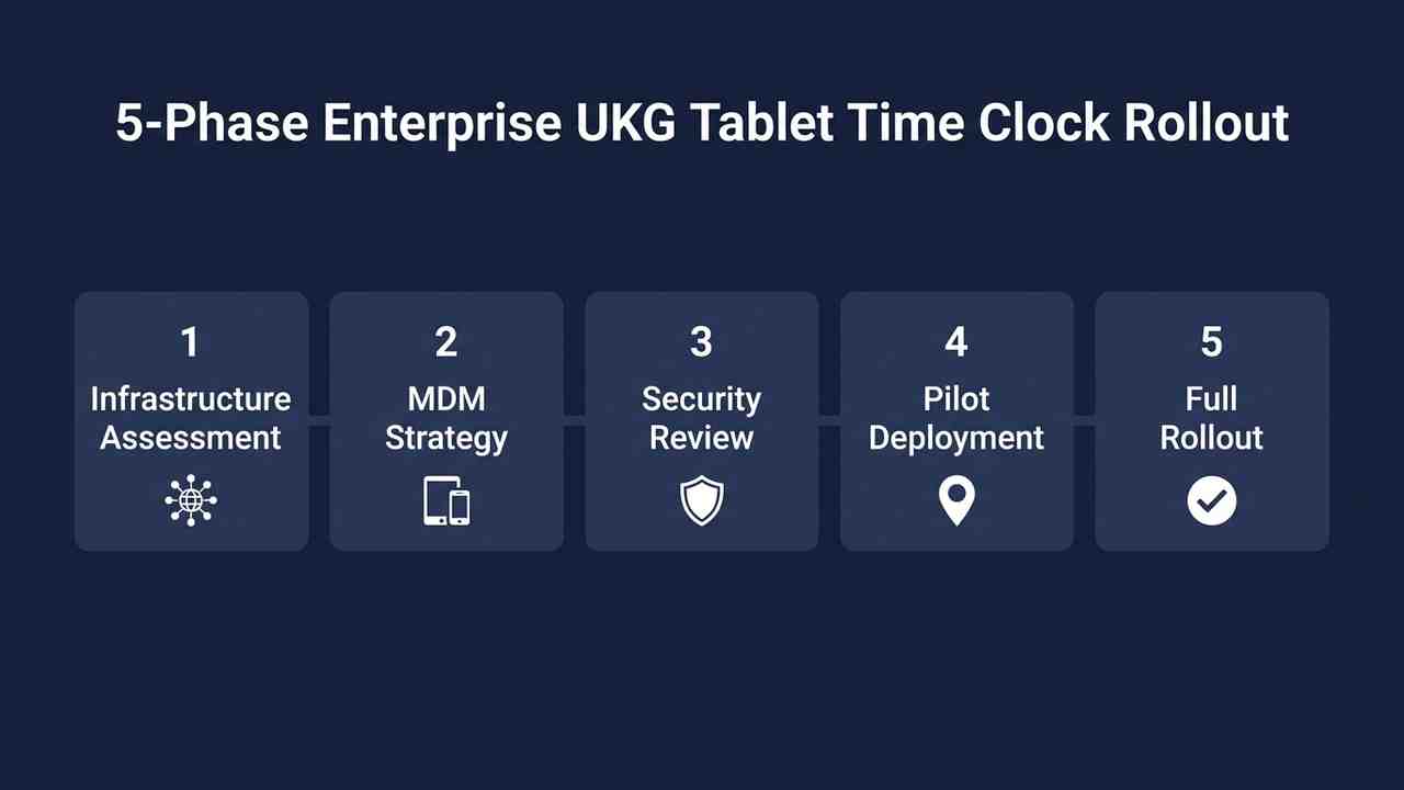 Infographic showing 5-phase enterprise UKG tablet time clock rollout planning process