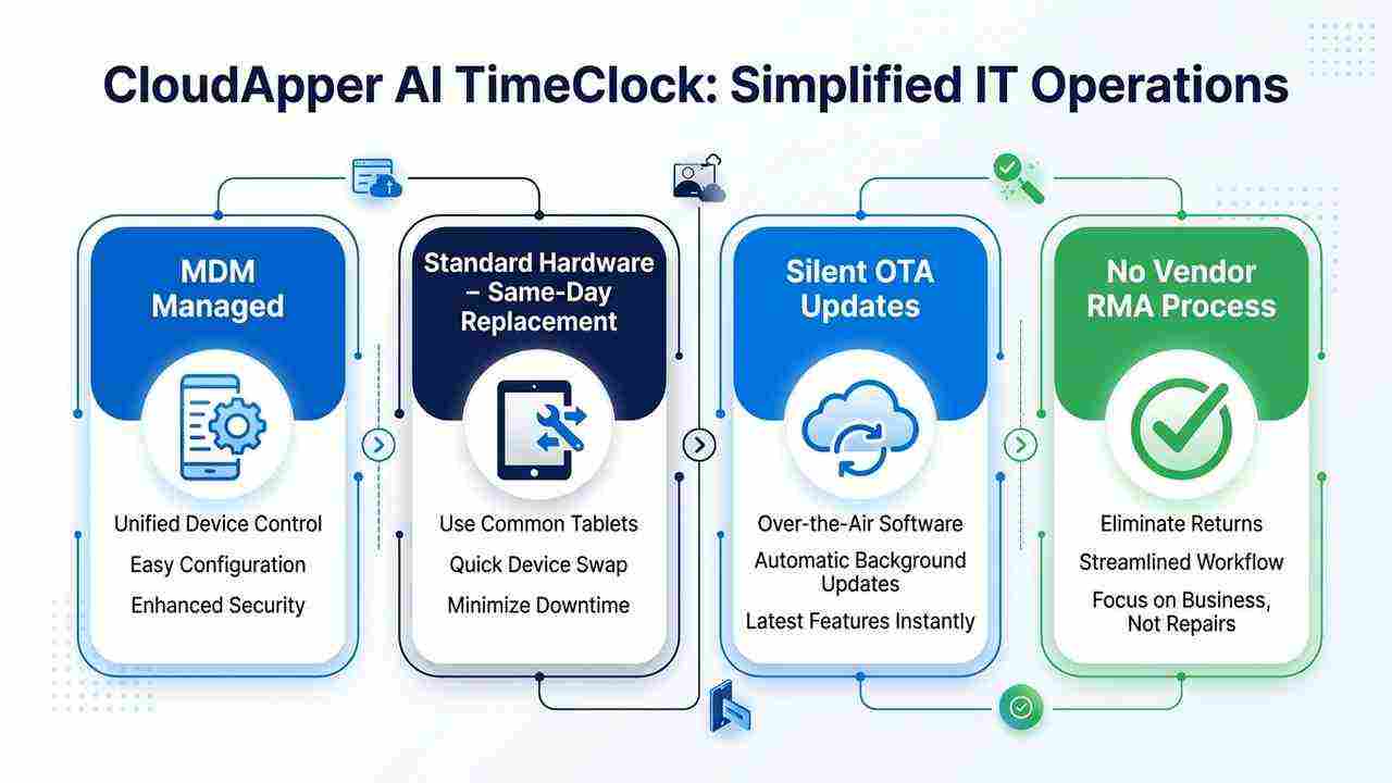 CloudApper AI TimeClock tablet kiosk deployed at manufacturing facility with MDM management workflow