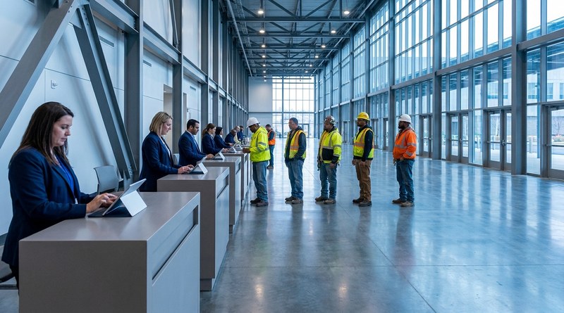 Event-day union onboarding intake desks at a convention center
