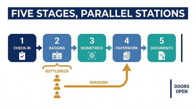 Five onboarding stages with a bottleneck and mid-flow reassignment