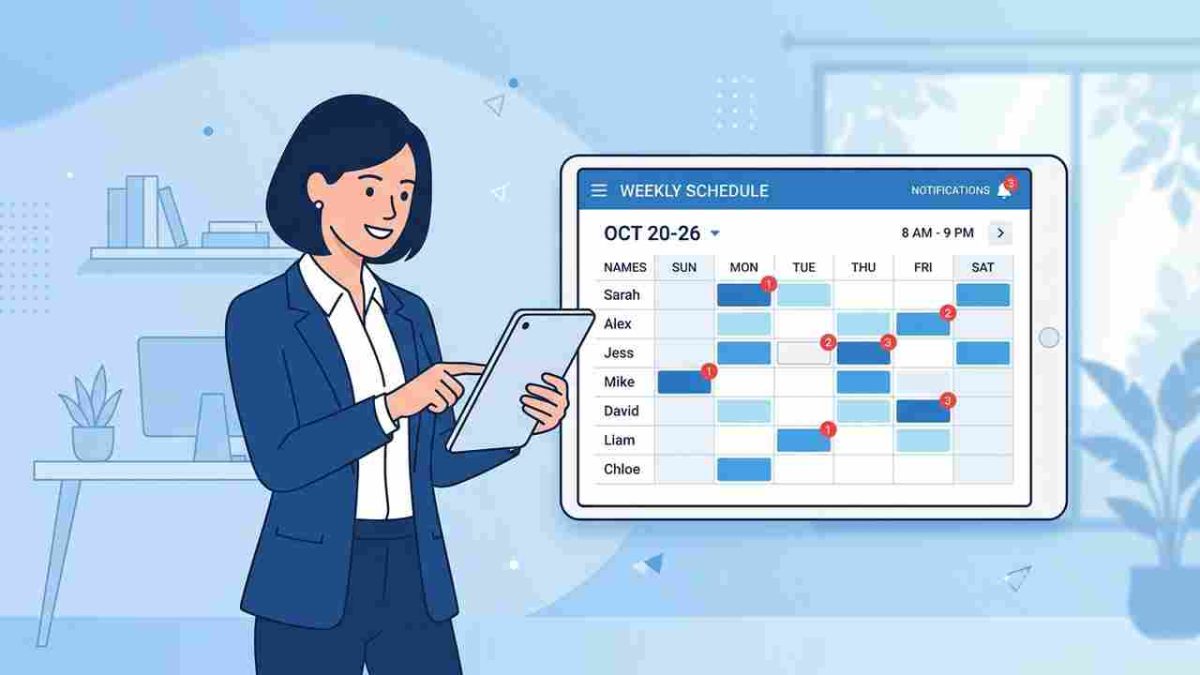 Retail HR manager reviewing UKG fair workweek predictive scheduling compliance tablet