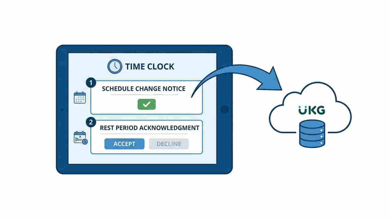 CloudApper AI TimeClock tablet showing fair workweek schedule acknowledgment rest period consent prompt