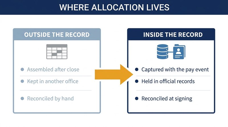 Allocation data outside the payroll record versus inside it