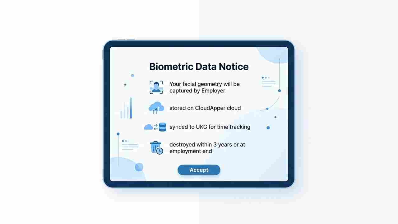CloudApper AI TimeClock BIPA enrollment screen named subprocessors consent biometric facial recognition