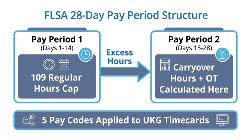 FLSA 28-day pay period diagram showing bi-period hour carryover and overtime calculation for public safety workers