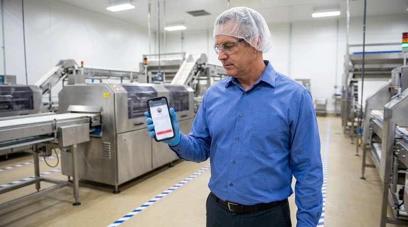Shift supervisor checking real-time employee absence alert on smartphone in food manufacturing plant