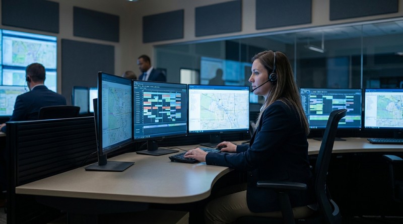 Emergency services dispatcher reviewing shift fill alerts at government operations center