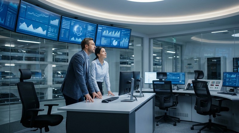 IT director and payroll manager reviewing data integration dashboard in parking operations center