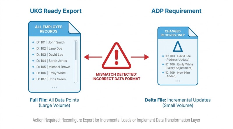 UKG Ready full-file export versus ADP delta-file requirement causing payroll integration errors