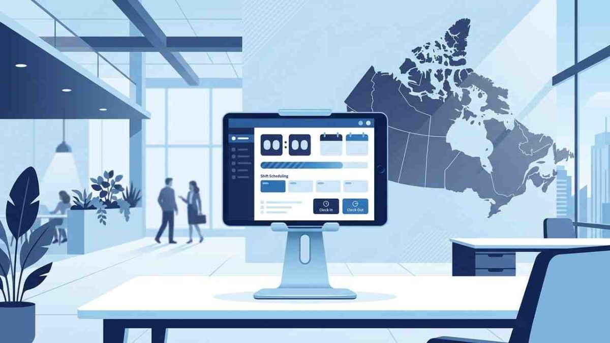 HR professional reviewing Canadian provincial labor law compliance on UKG time clock dashboard