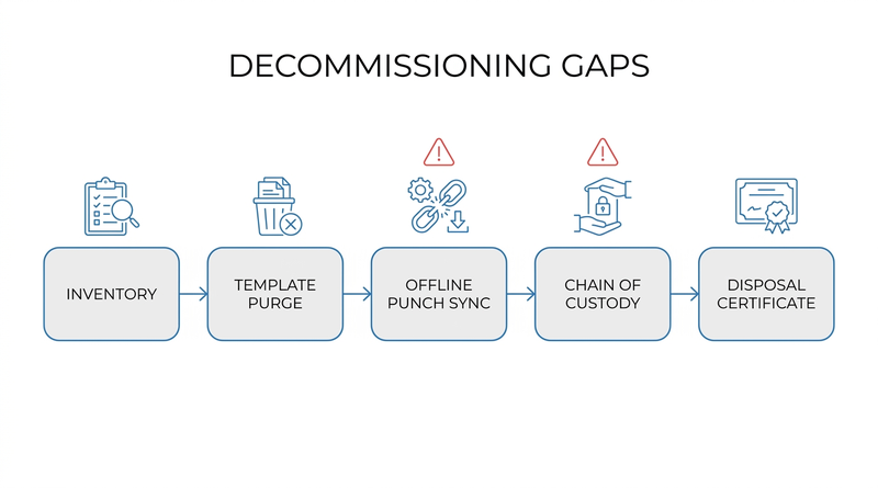 Biometric template purge gaps during time clock fleet retirement