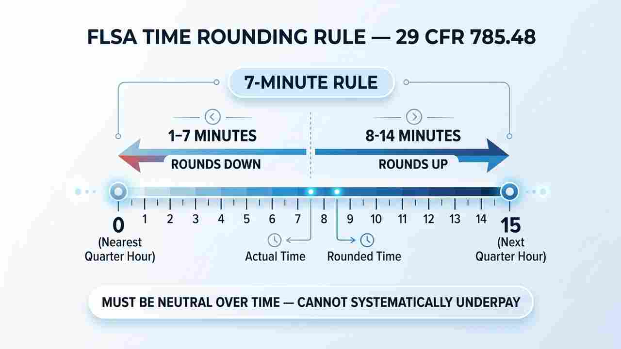 FLSA time rounding infographic 7-minute rule quarter-hour neutral compliance