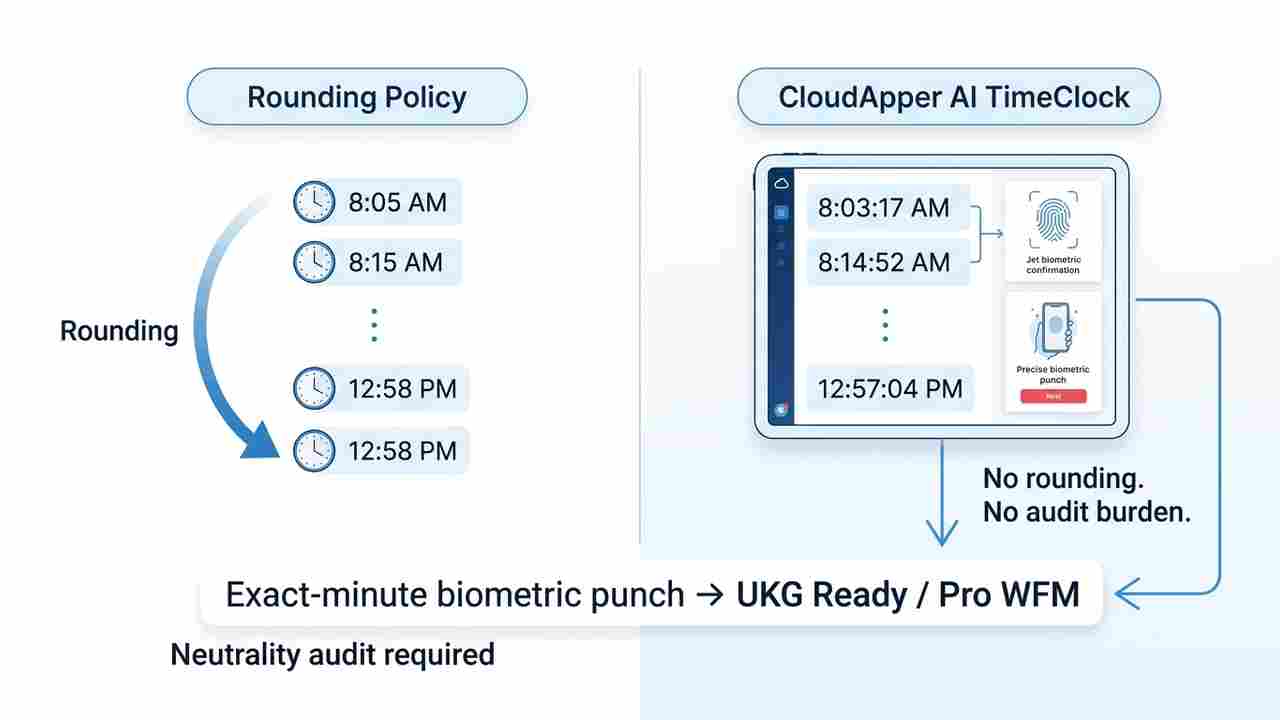 CloudApper AI TimeClock exact-minute punch UKG multi-state compliance no rounding