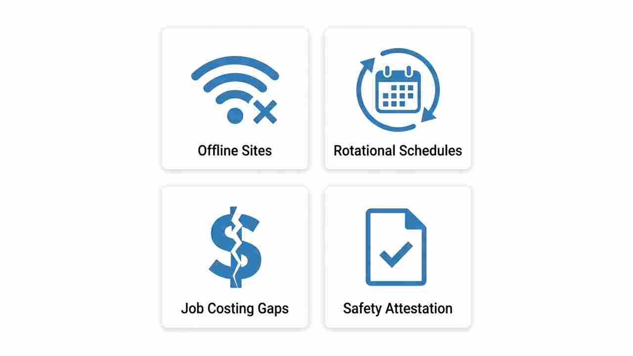 Four UKG time tracking gaps oil gas infographic offline schedules costing attestation