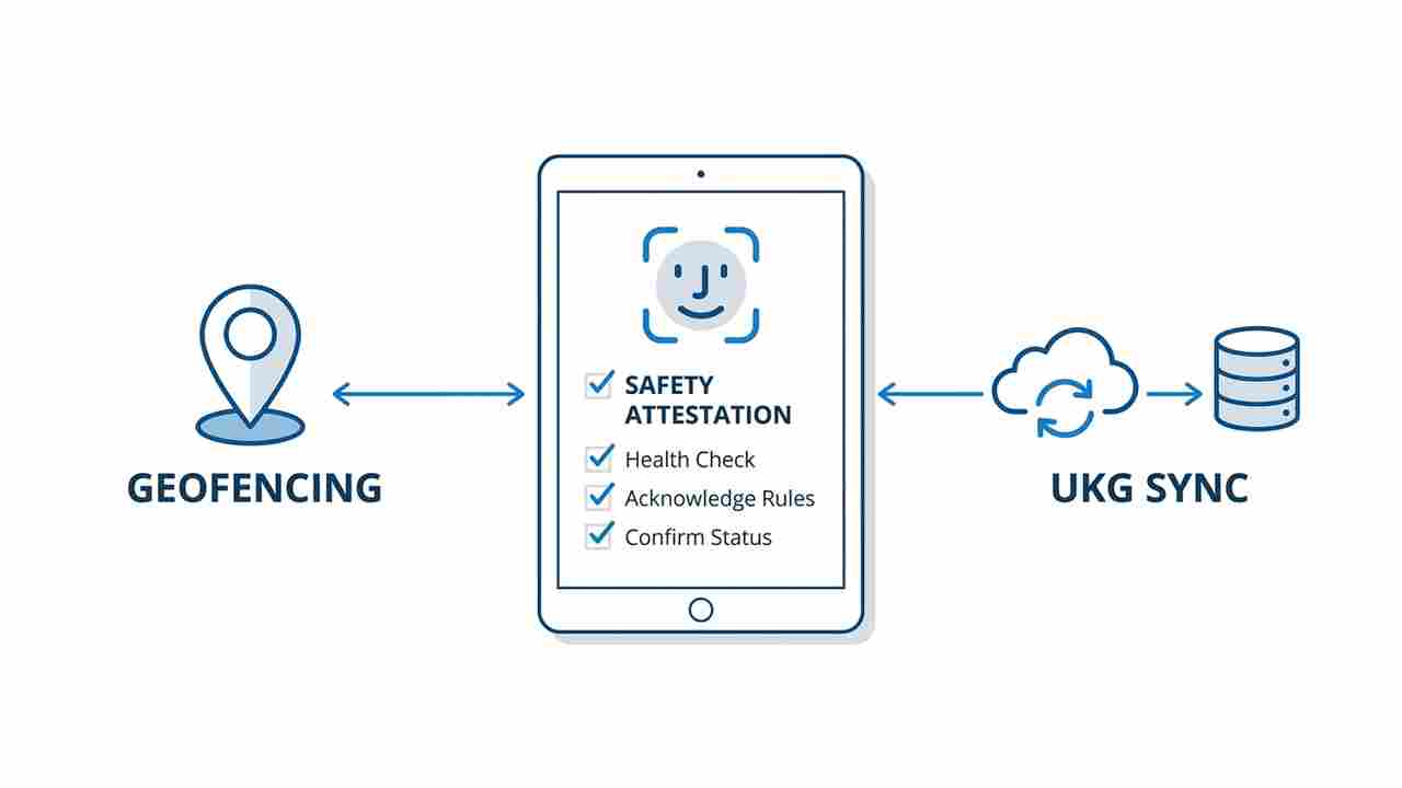 CloudApper AI TimeClock biometric sync geofencing UKG solution diagram