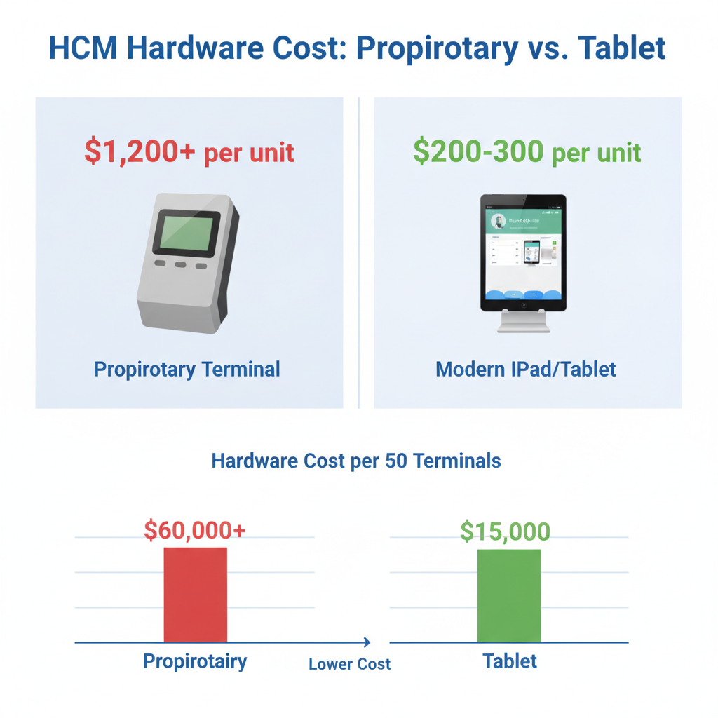 Infographic comparing HCM hardware cost proprietary terminal versus tablet alternative per terminal