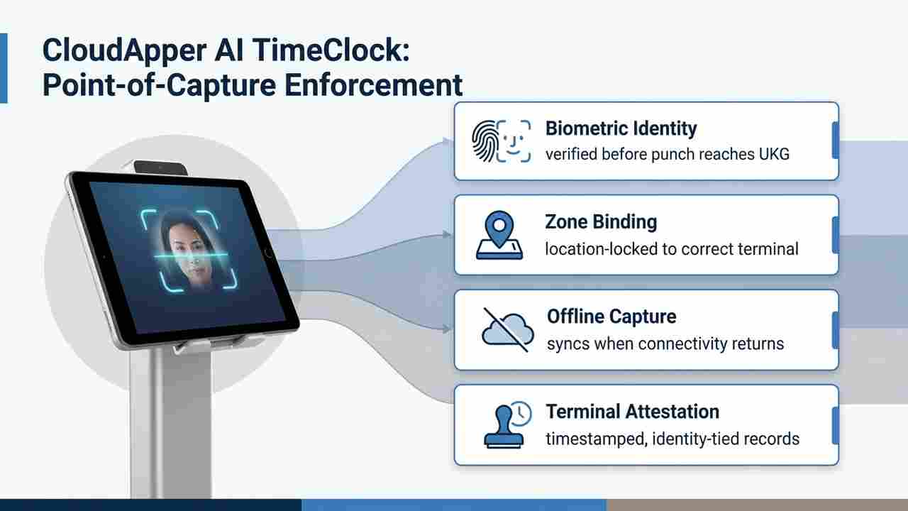 CloudApper AI TimeClock tablet biometric terminal union CBA enforcement UKG sync