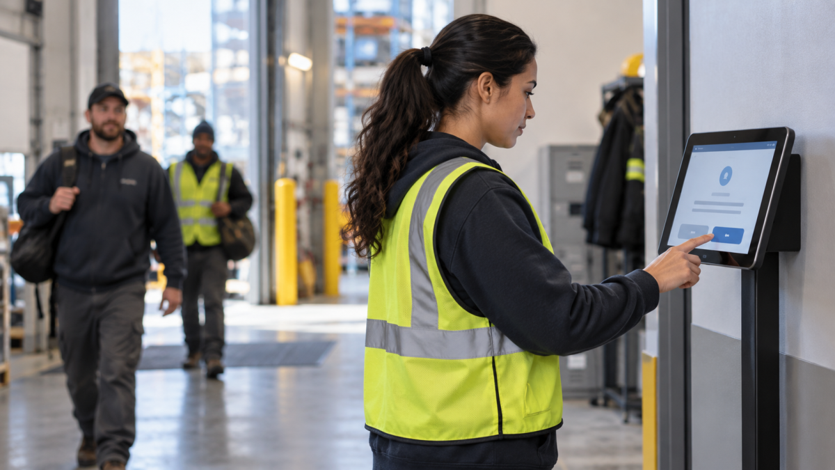 Warehouse worker in a safety vest taps a tablet kiosk to acknowledge a pay rate change notice at clock-in