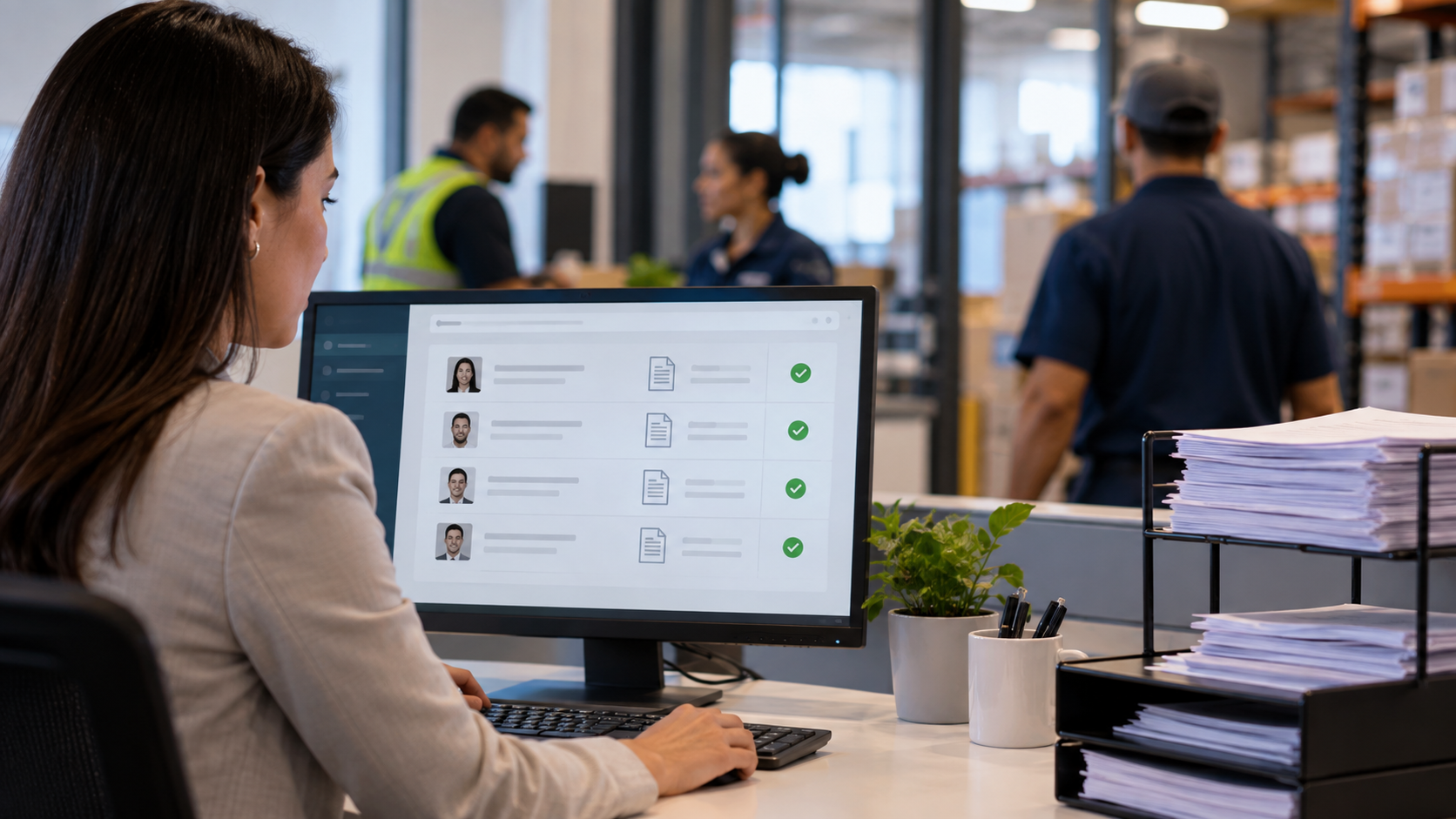 HR manager reviews a dashboard of time-stamped employee pay notice acknowledgments next to a stack of paper forms