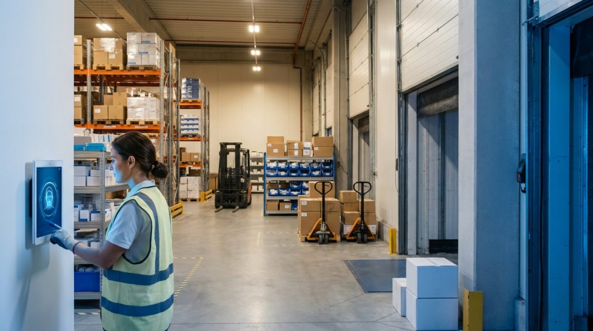 Healthcare distribution warehouse worker using CloudApper hrPad biometric time clock on UKG Pro
