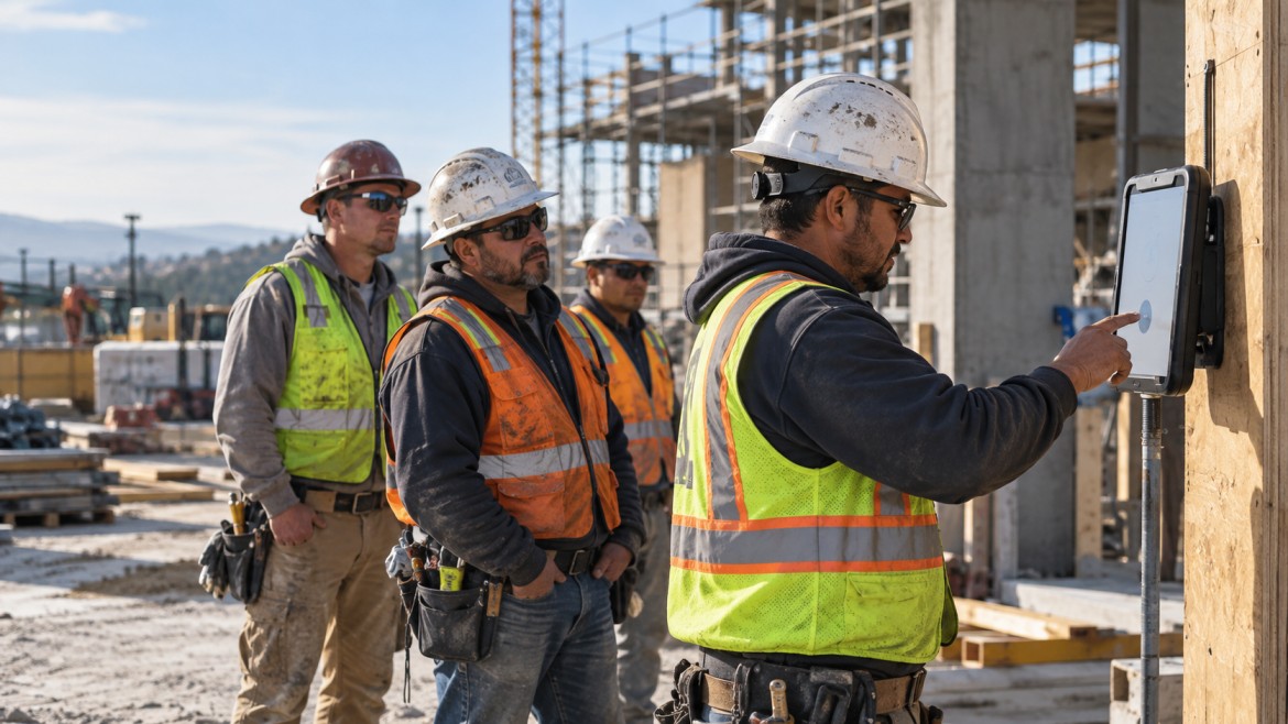 Construction worker in a hard hat and safety vest using a pole-mounted tablet time clock on a job site while three crew members wait their turn