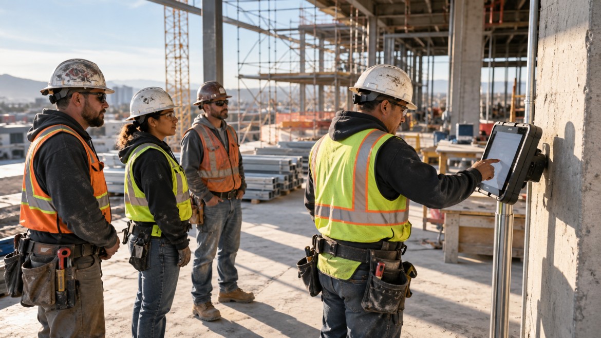 Construction worker tapping a wall-mounted tablet time clock beside a concrete structure as three coworkers in safety vests stand behind him