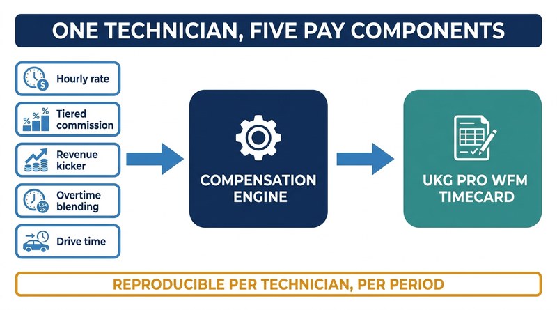 Five technician pay components resolved into a UKG Pro WFM timecard