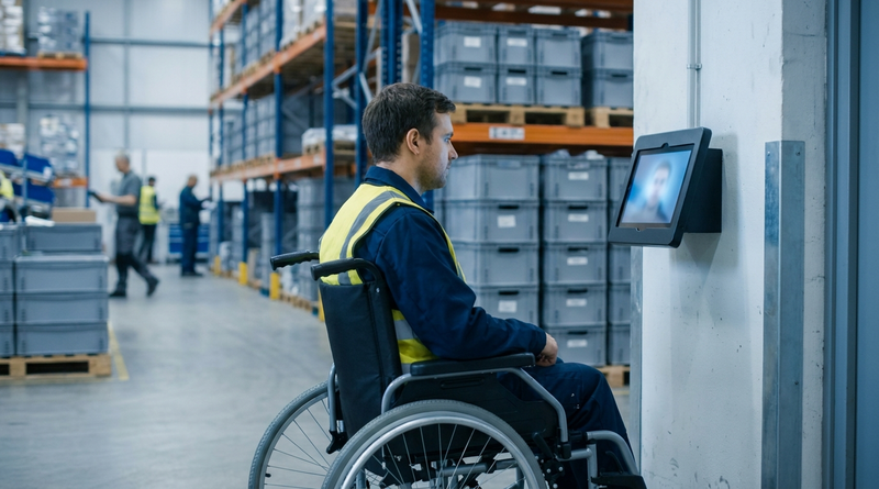 Warehouse employee using wheelchair accessible tablet time clock