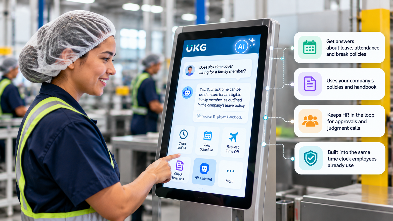 Food processing worker asking an AI HR assistant on a time clock kiosk whether sick time covers family care