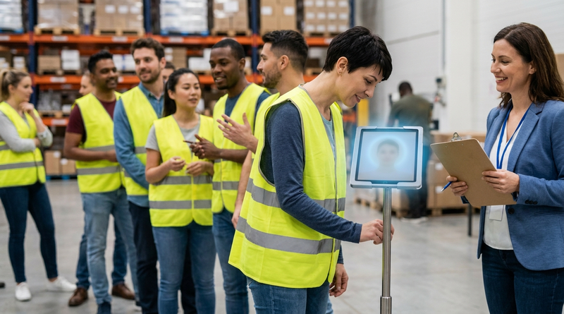 Seasonal new hires at tablet time clock enrollment during orientation