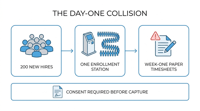 Day-one collision of enrollment throughput and consent capture