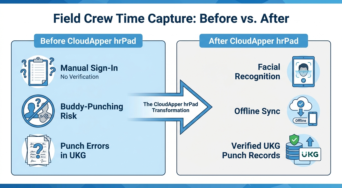 field crew punch workflow CloudApper hrPad UKG Pro WFM construction before after