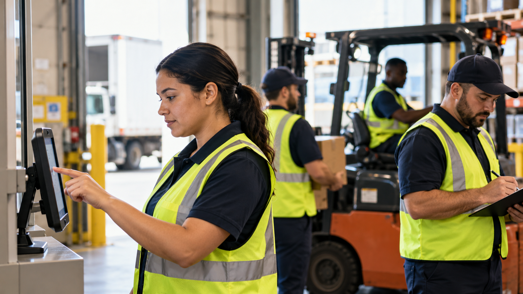 Warehouse worker clocking in on a wall-mounted time clock while a coworker logs details on a paper clipboard nearby
