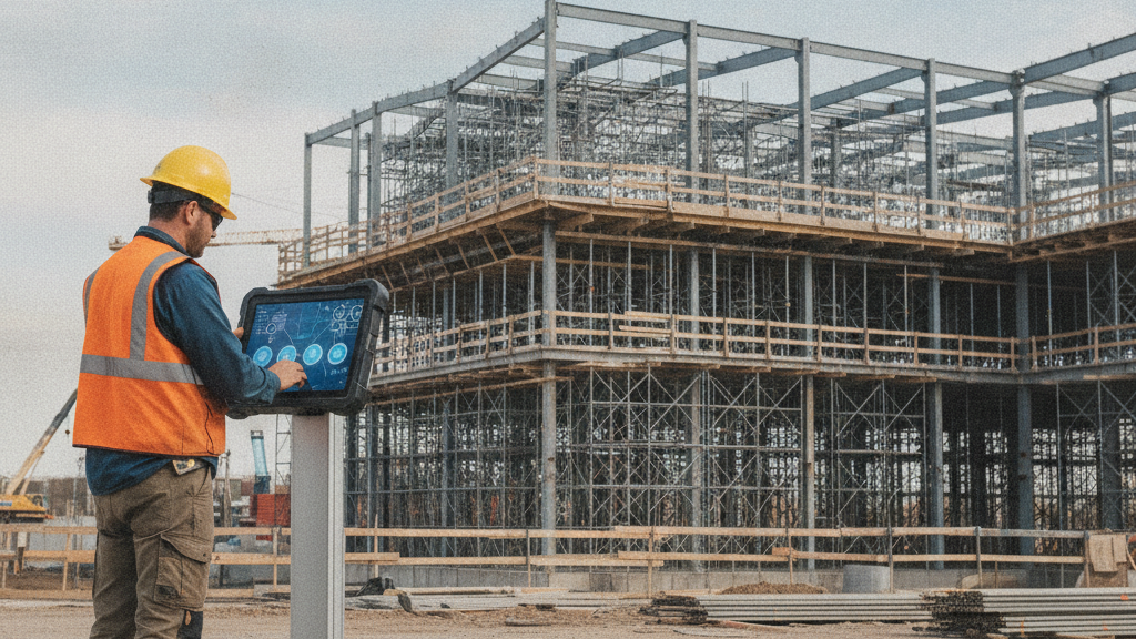 Government contractor using tablet time clock on federal construction site