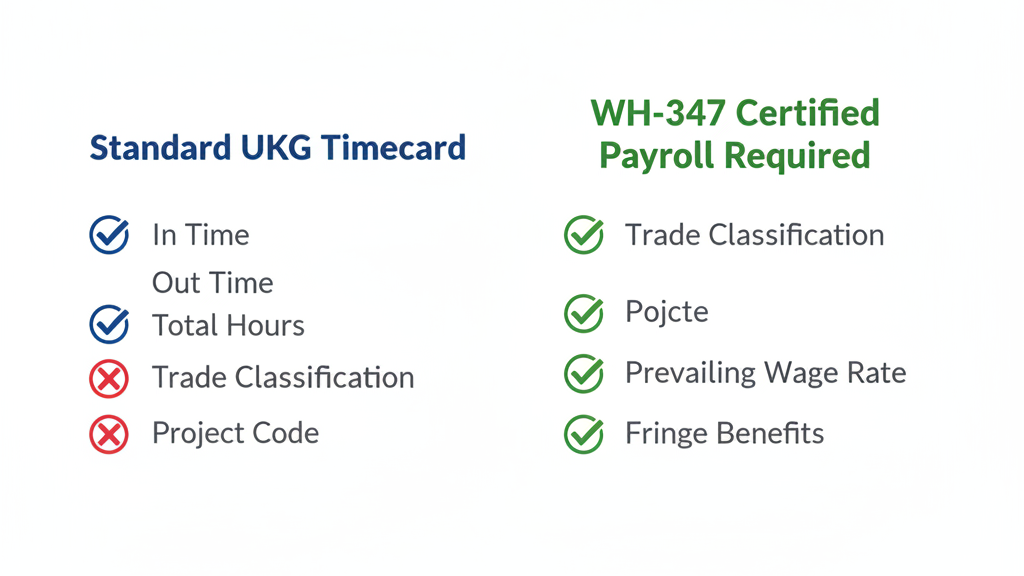 Infographic comparing standard UKG timecard fields versus Davis-Bacon WH-347 certified payroll requirements