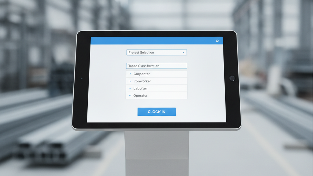 CloudApper AI TimeClock tablet kiosk showing trade classification selection screen for government contractor punch-in