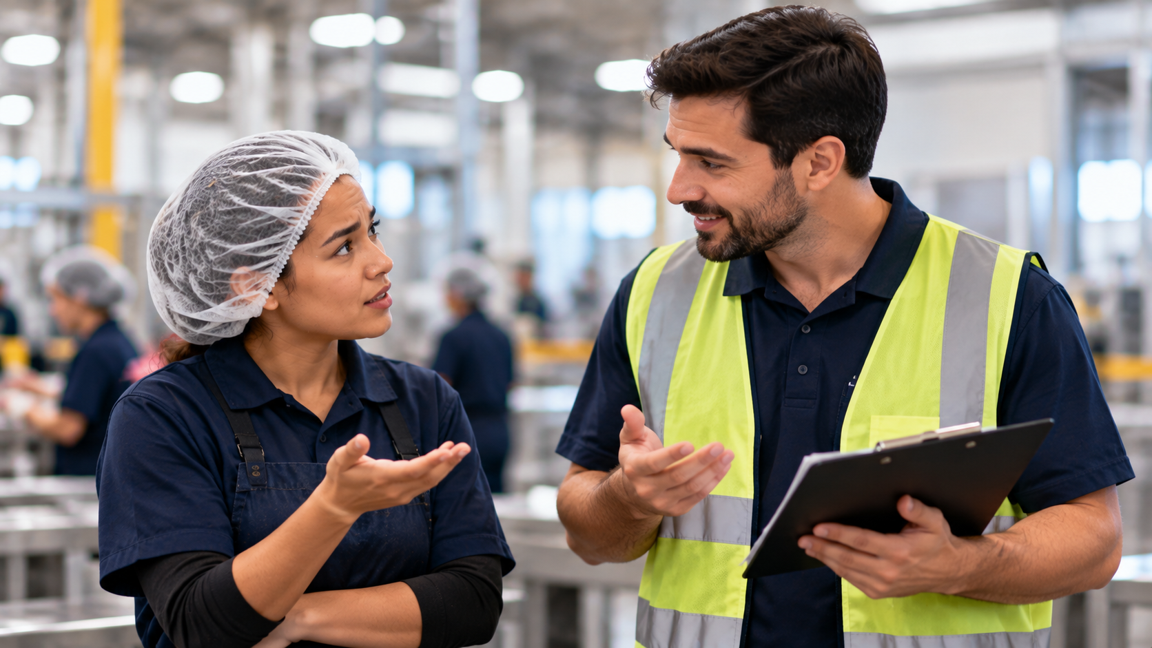 Food processing employee discussing an HR policy question with a supervisor on the production floor