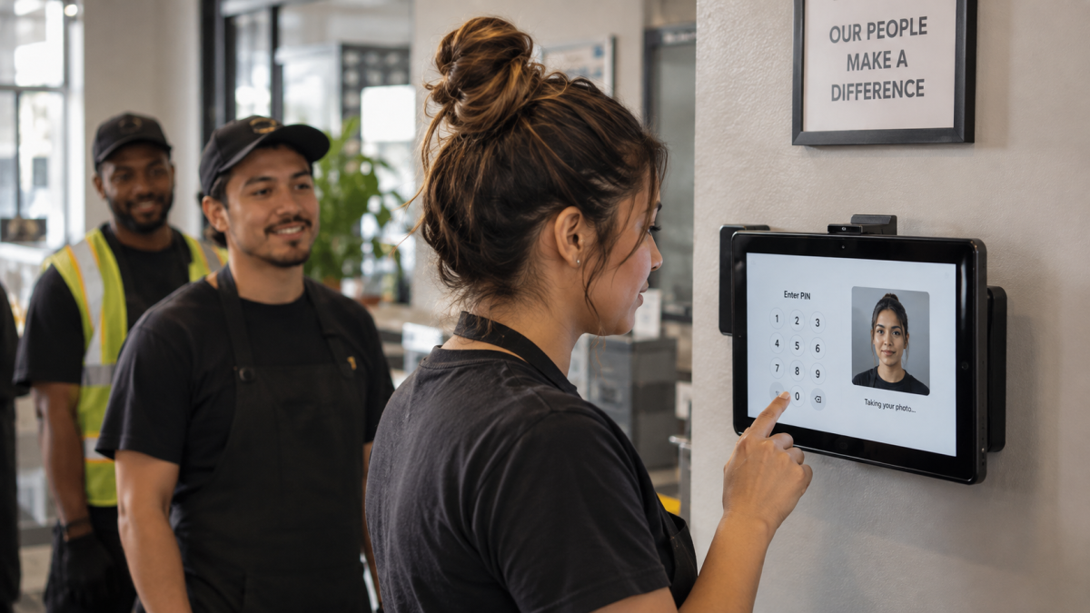 An employee enters a PIN on a wall-mounted UKG time clock tablet while a live photo is captured for verification.