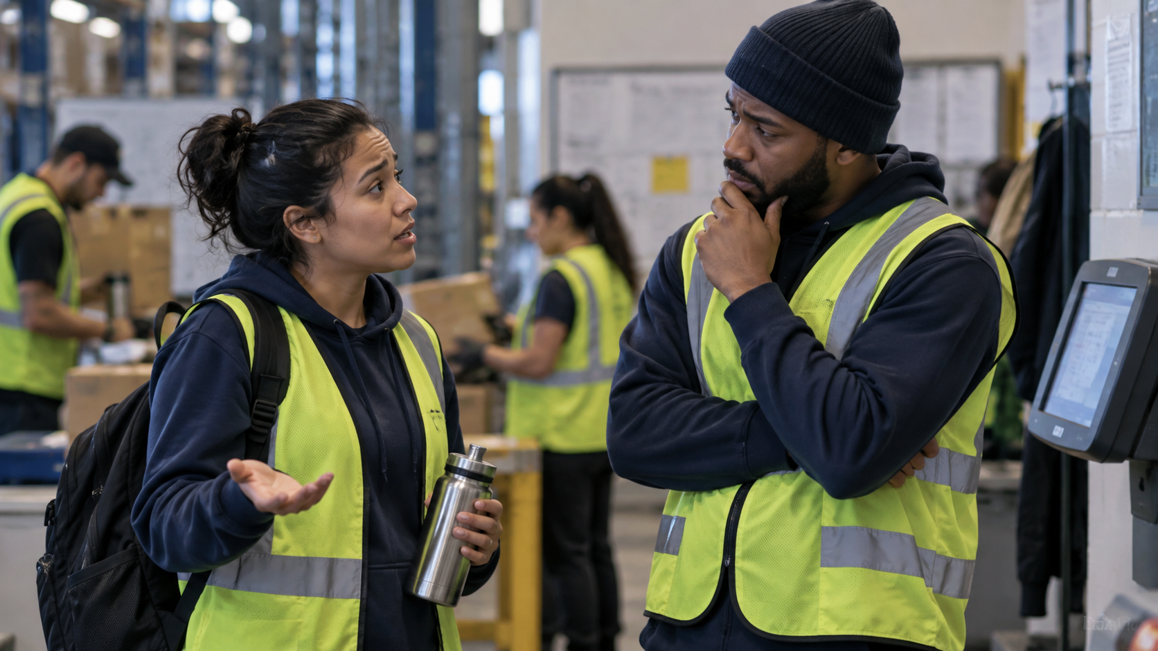 Two warehouse employees discuss a shift change near a wall-mounted UKG time clock terminal.