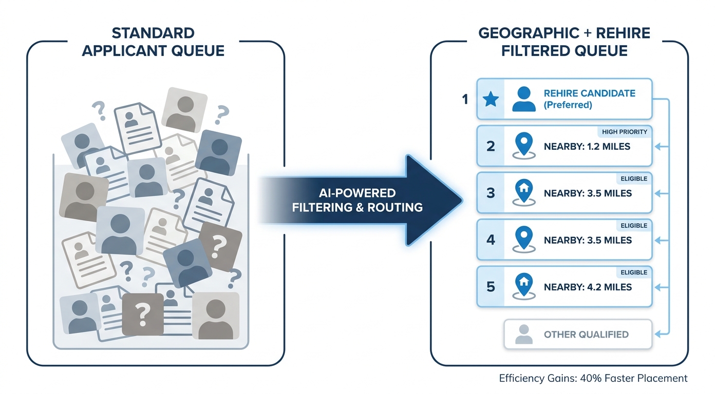 Geographic zip-code candidate routing diagram for home health care hiring in UKG Pro