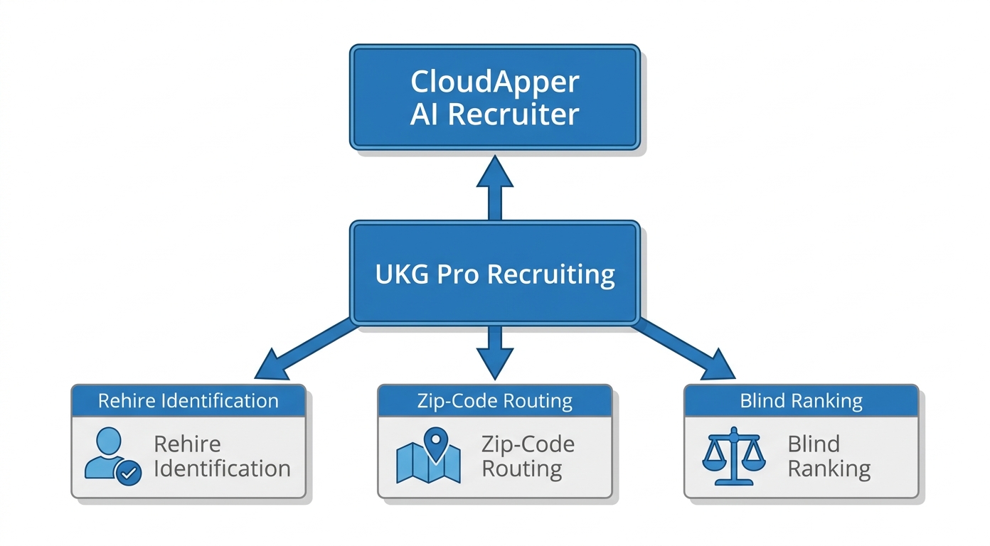 CloudApper AI Recruiter extending UKG Pro with rehire identification, geographic routing, and blind-ranking