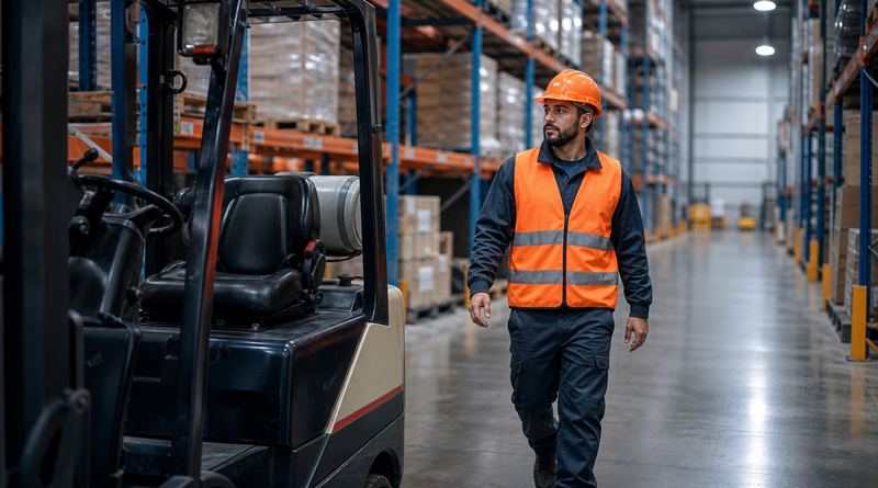 Warehouse associate in a hi-vis vest walking toward a forklift in a distribution warehouse aisle