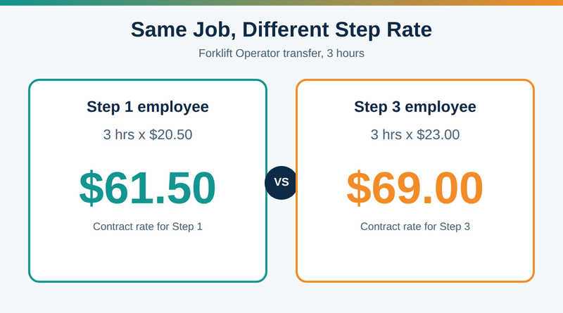 Comparison of transferred-hour pay: Step 1 employee earns $61.50 and Step 3 employee earns $69.00 for three forklift hours