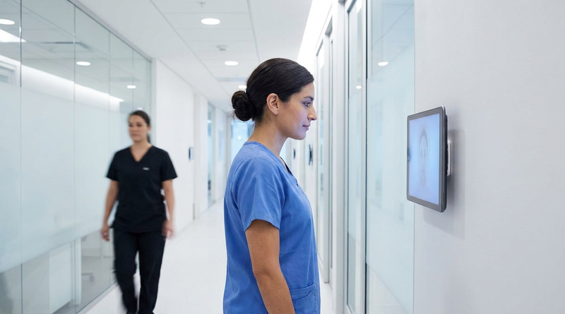 Nurse using shared tablet time clock in hospital corridor