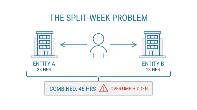 Split-week hours across two EINs hiding overtime