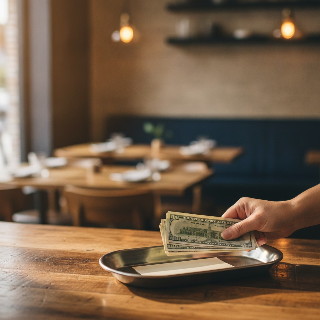A server places cash tips and a receipt into a tray on a restaurant counter, representing tip income that must be tracked accurately for the No Tax on Tips deduction