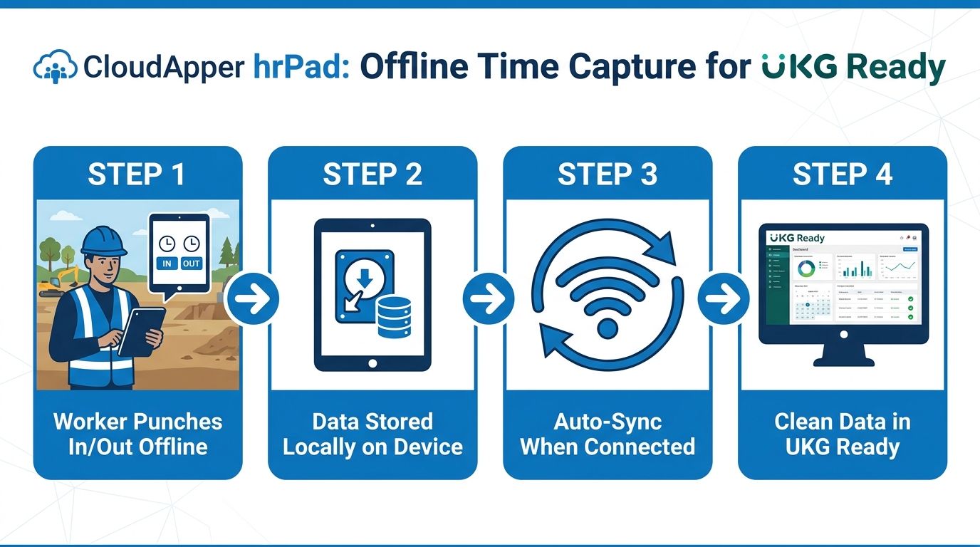 CloudApper hrPad offline punch sync UKG Ready workflow infographic