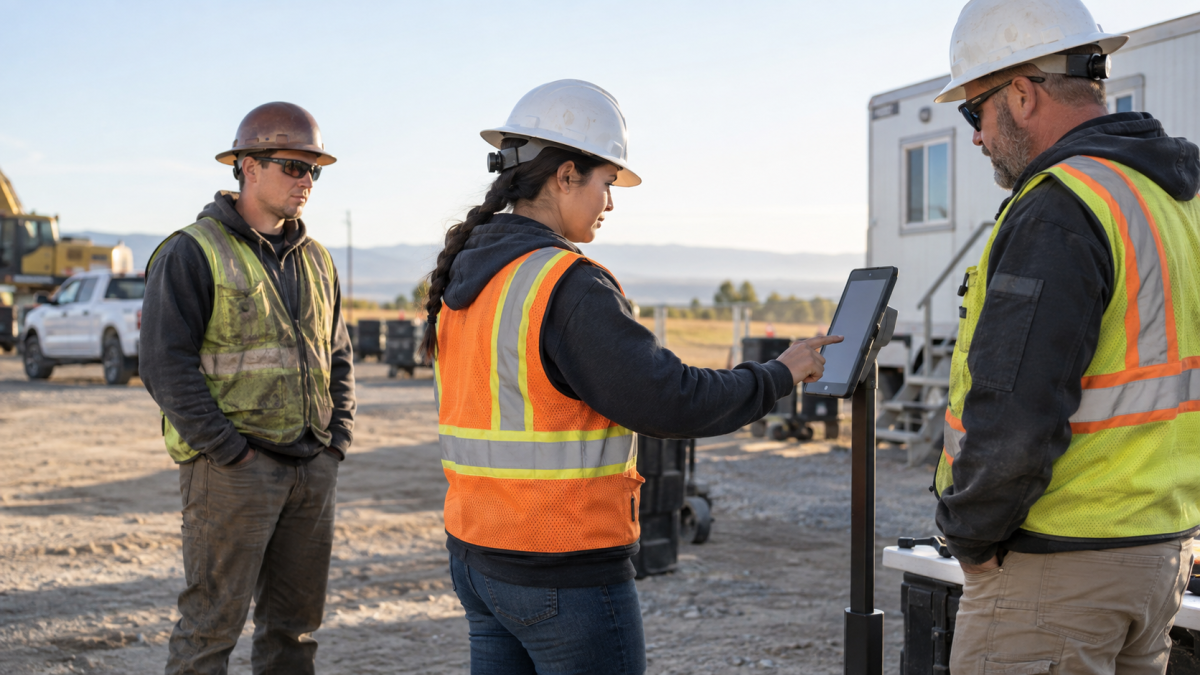 Construction worker clocking in on a tablet time clock kiosk at a remote job site with offline punch capture for UKG